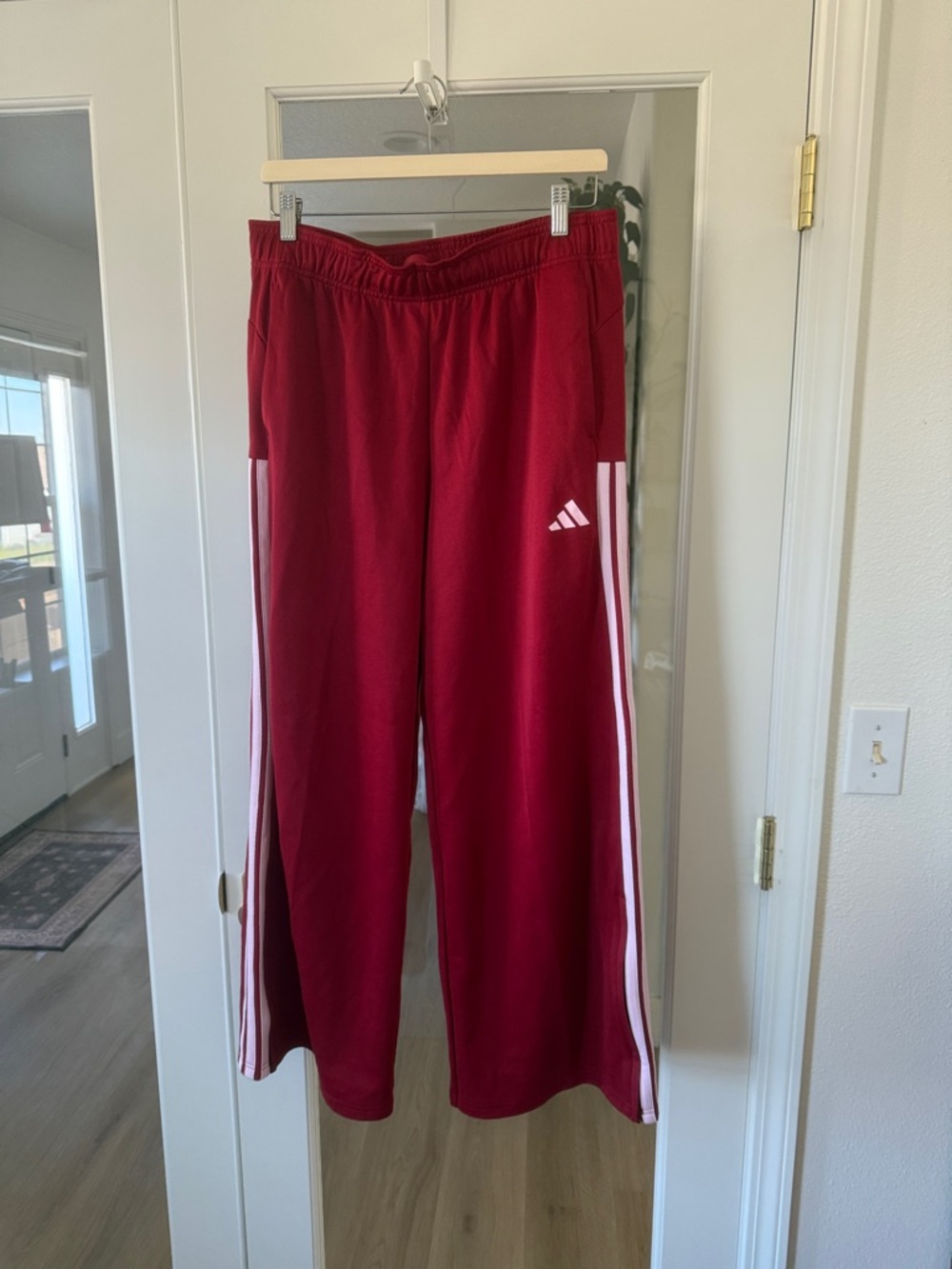 adidas Womens Red Track Pants with Light Pink Side Stripes